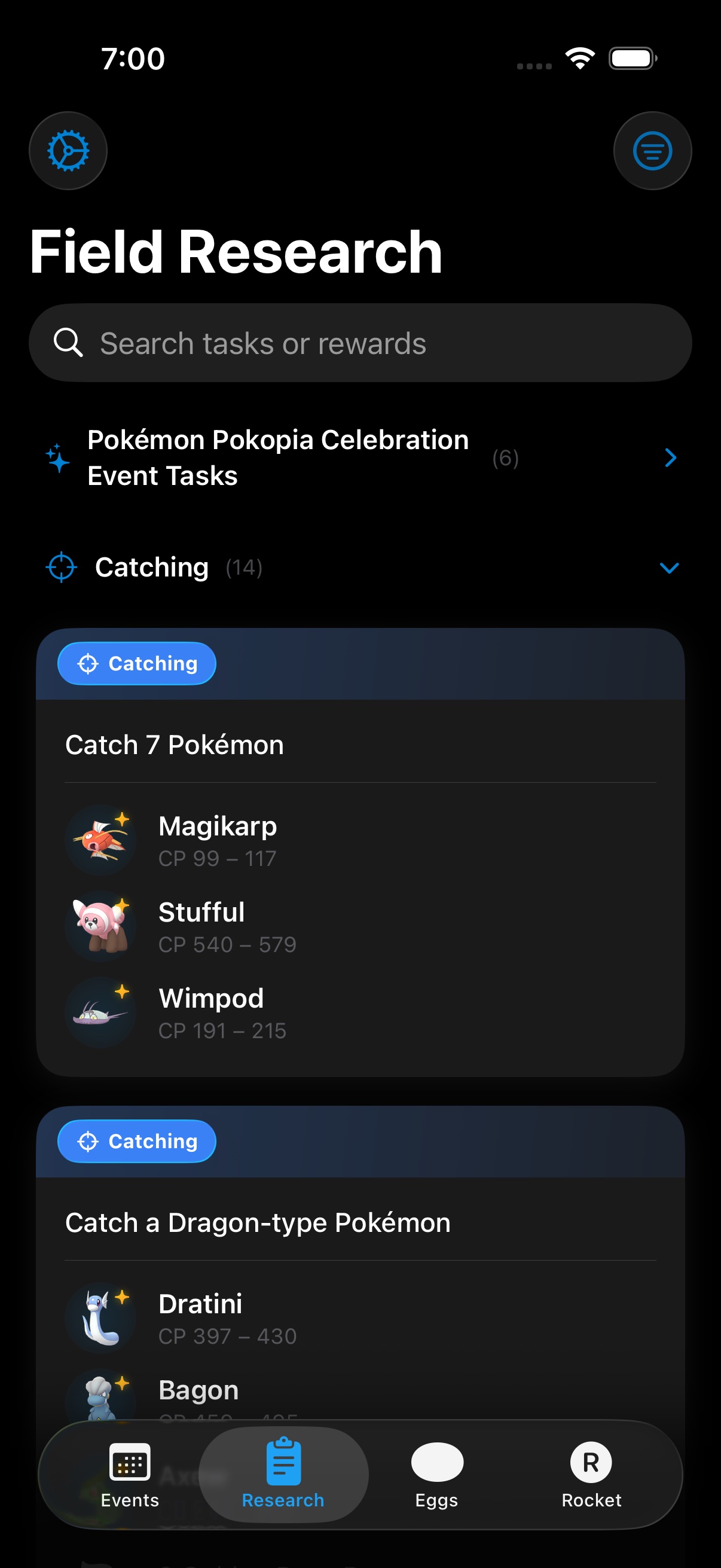 NextCatch 1.2 Field Research tab listing catch tasks and their Pokémon.