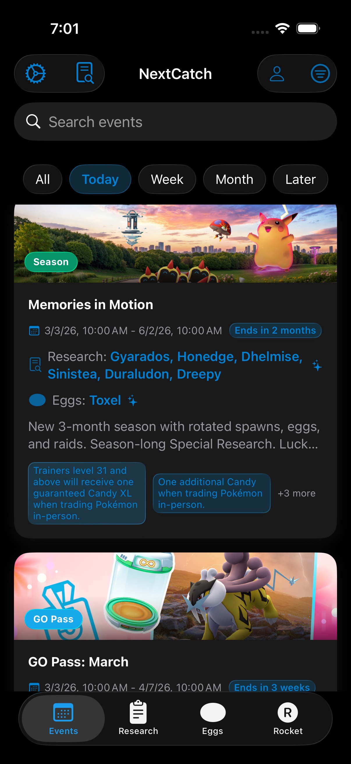 NextCatch Events list from launch week, showing the Memories in Motion season.