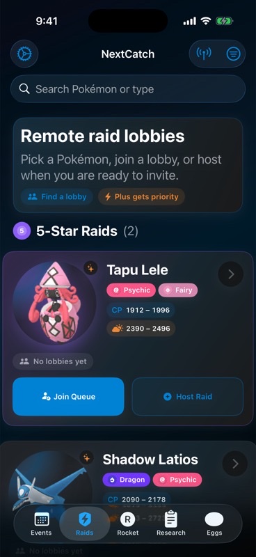 NextCatch 1.3.7 raid lobby screen with Tapu Lele as a 5-Star raid.
