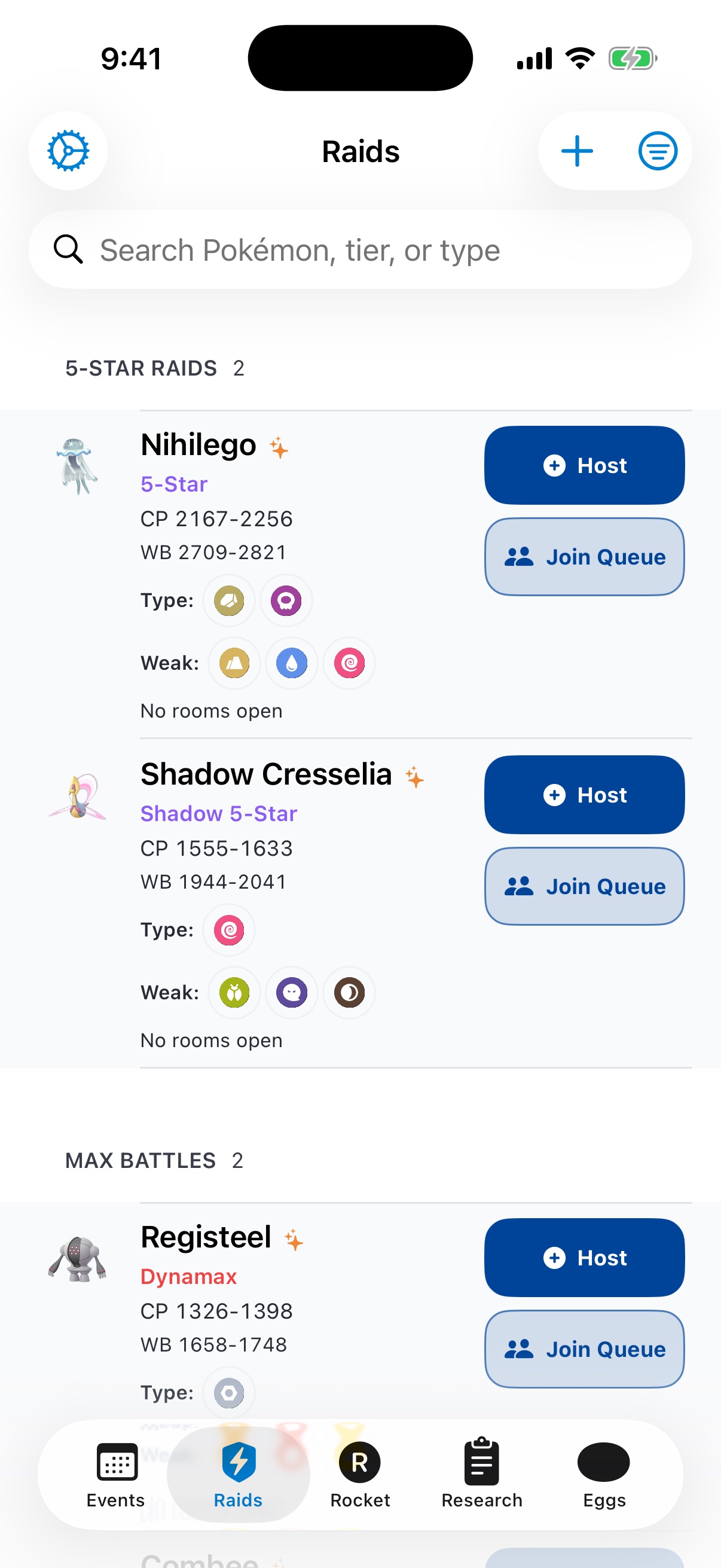NextCatch 1.4 Raids list with Host and Join Queue buttons for each raid.