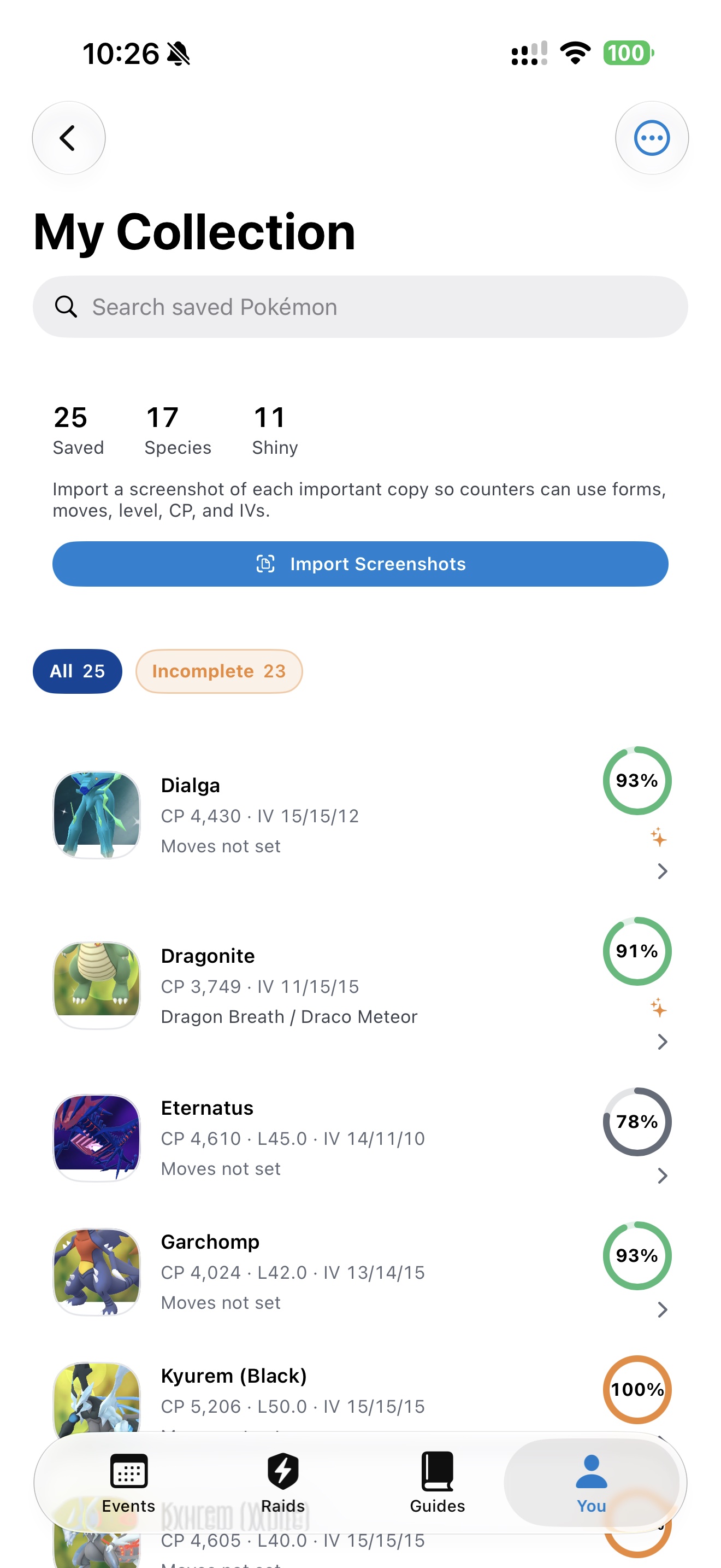 NextCatch 1.5 My Collection screen with saved Pokémon and the Import Screenshots button.