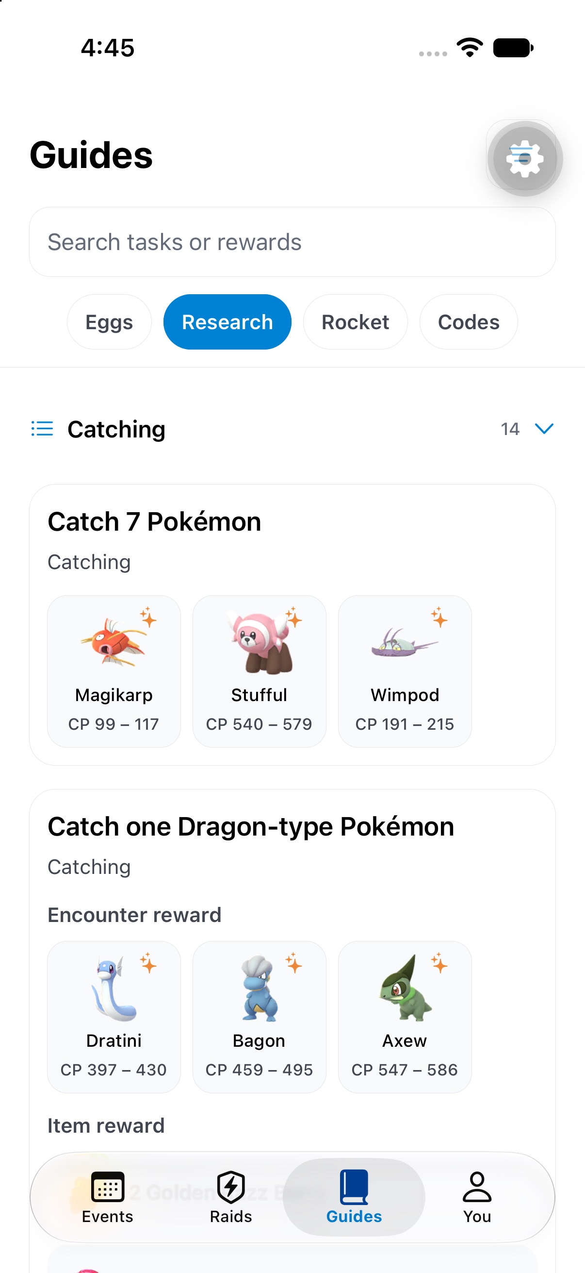 NextCatch 2.0 Guides tab showing Field Research catch tasks.