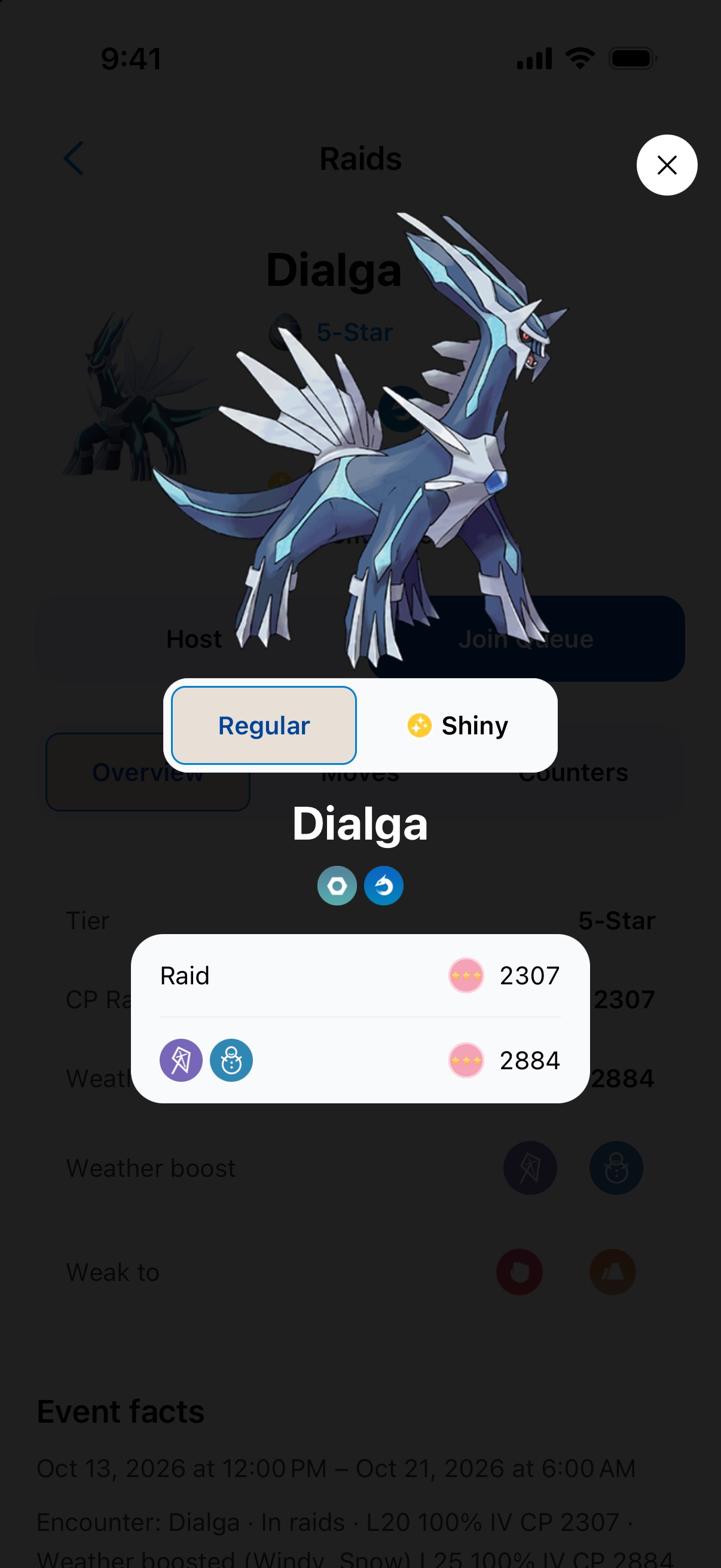 NextCatch 2.2 Pokémon sheet for Dialga with Regular and Shiny views and raid CP.