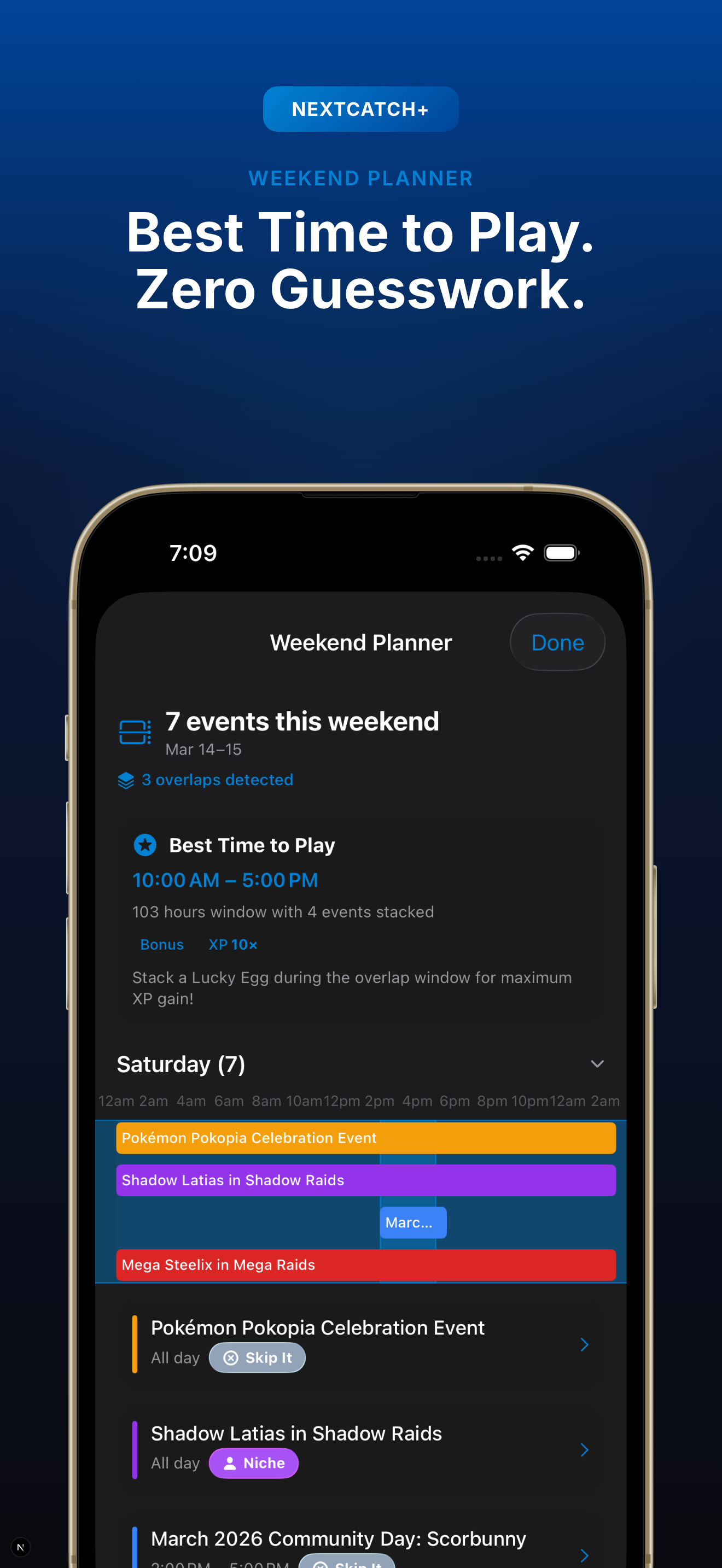 NextCatch+ — Best Time to Play with weekend planner